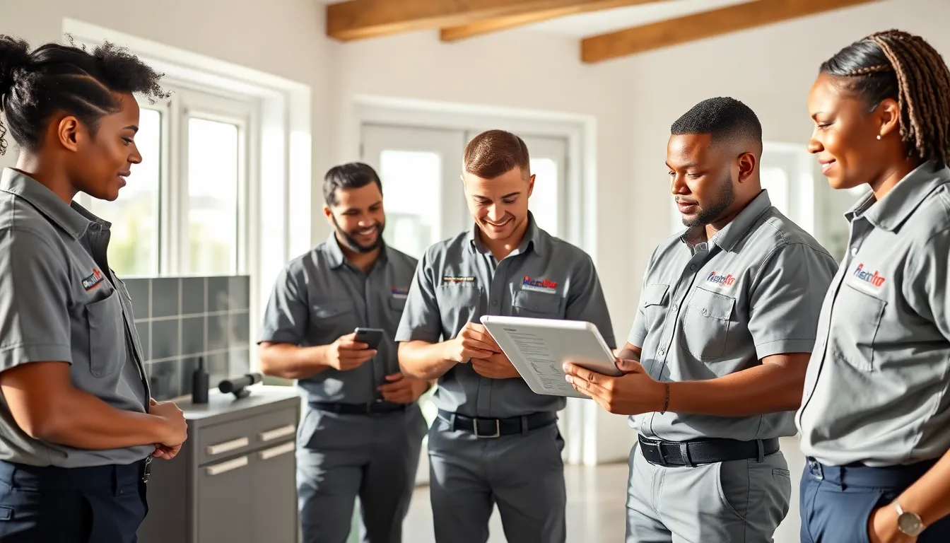 diverse team of home service professionals at work in a modern home.